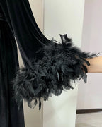 Black velvet feather robe styling