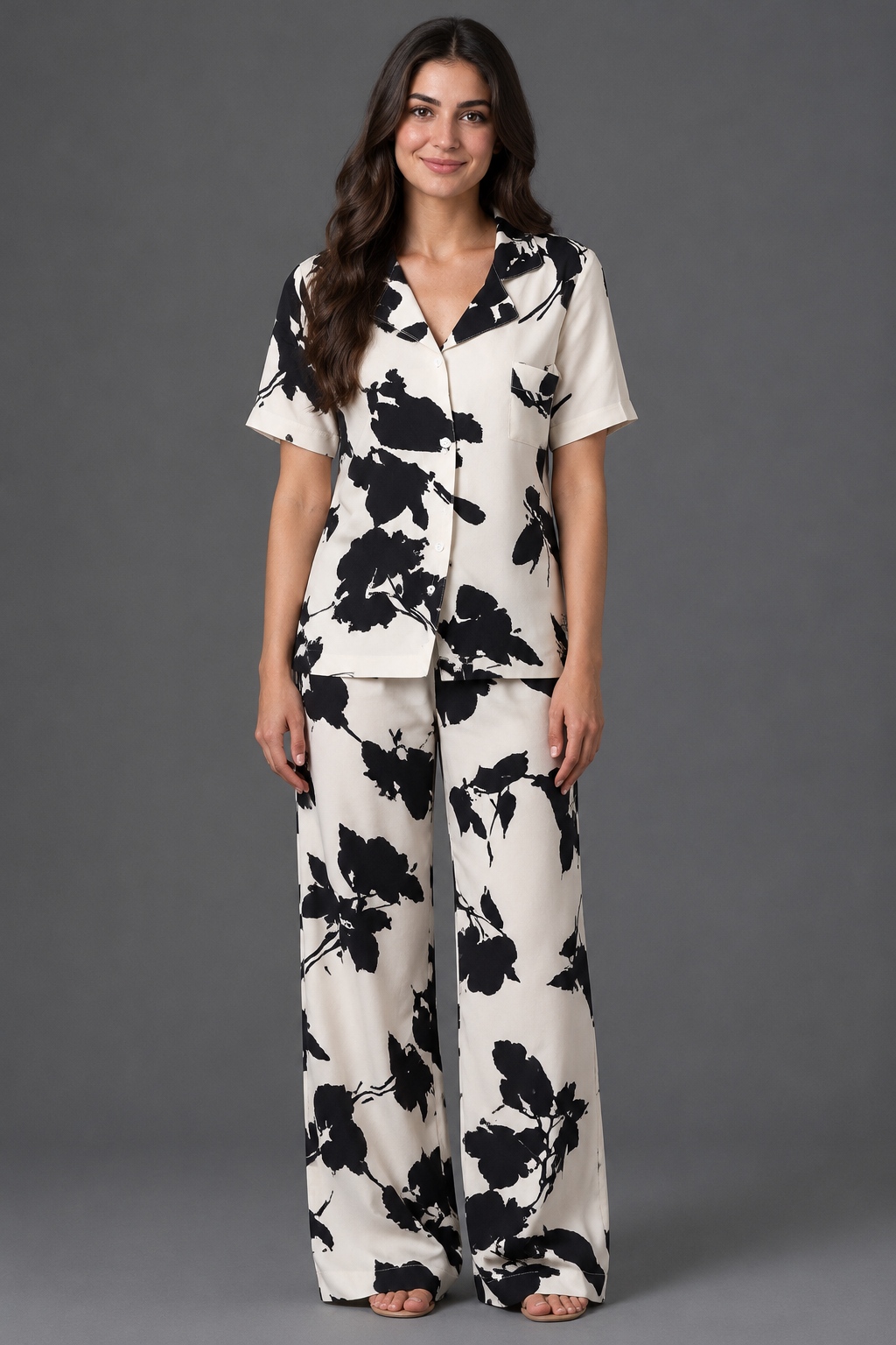 Abstract Print Pajama Set BM-1762 · Ivory & Black — full-length front view, wide-leg trousers | Belle Bonjour UAE