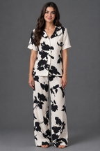 Abstract Print Pajama Set BM-1762 · Ivory & Black — full-length front view, wide-leg trousers | Belle Bonjour UAE