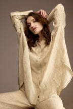 Relaxed-fit pistachio pajama shirt and trousers shown from the front — Belle Bonjour BM-1901