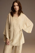 Woman wearing a pistachio bamboo linen kimono robe over a matching sleeveless top and trousers — Belle Bonjour BM-1902