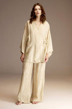 Three-piece pistachio jacquard set with wrap robe and self-tie belt — Belle Bonjour BM-1902