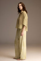 Close view of the sage green Tencel knit shirt and its relaxed collar — Belle Bonjour BM-1912-V2