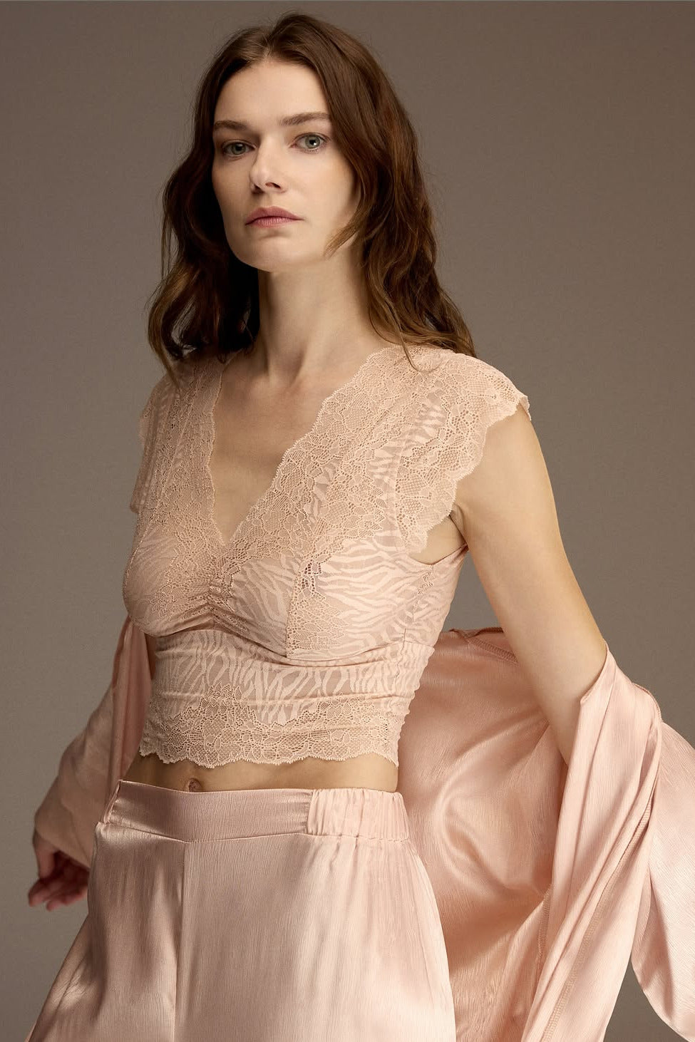 Woman wearing a powder pink satin robe over a lace crop top and wide-leg satin pants — Belle Bonjour BM-1914