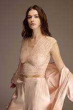 Woman wearing a powder pink satin robe over a lace-trim cami and wide-leg satin pants — Belle Bonjour BM-1914