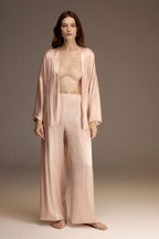 Powder pink lace-trim satin cami shown in detail — Belle Bonjour BM-1914