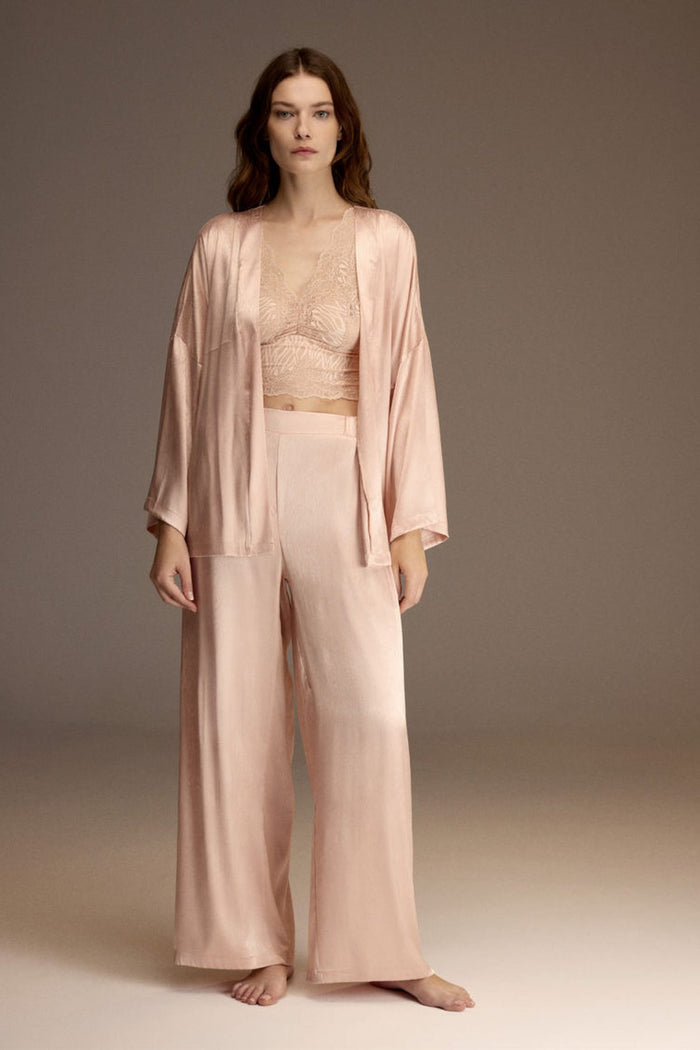 Powder pink lace-trim satin cami shown in detail — Belle Bonjour BM-1914