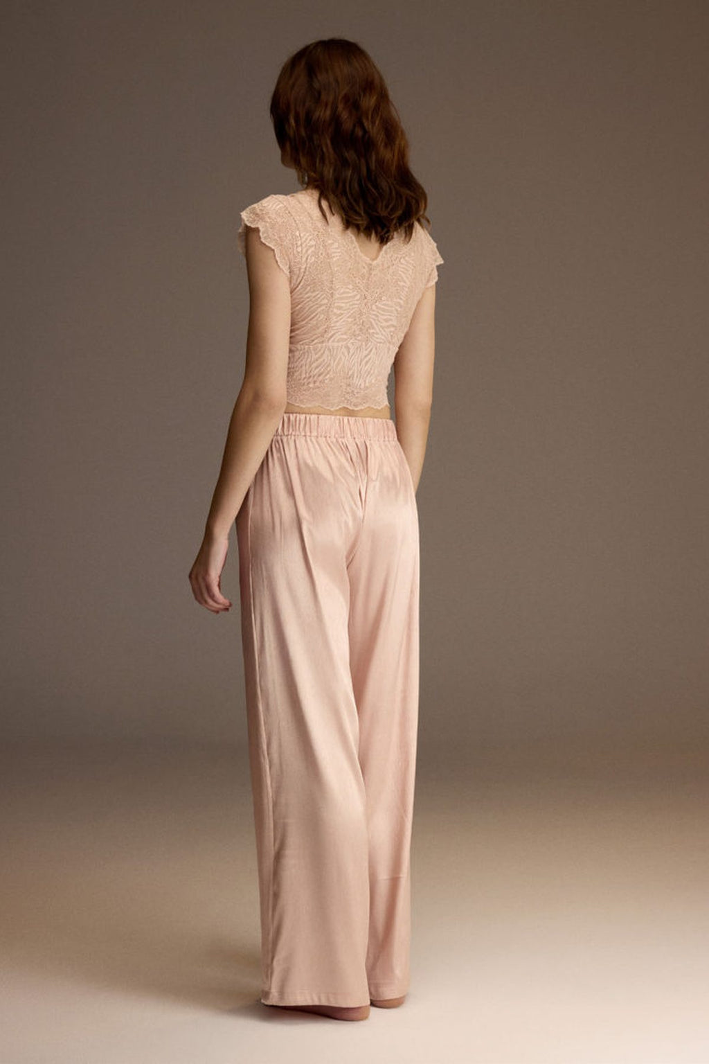 Back view of the powder satin three-piece robe set — Belle Bonjour BM-1914