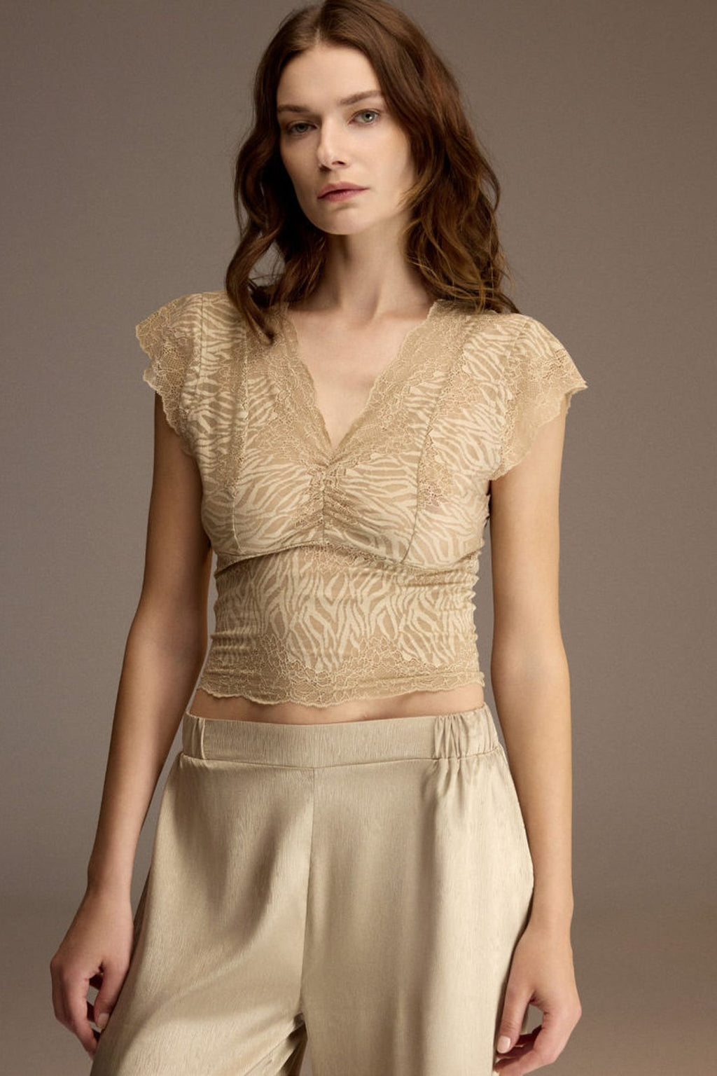 Latte satin cami with black lace trim shown in detail — Belle Bonjour BM-1914-V2