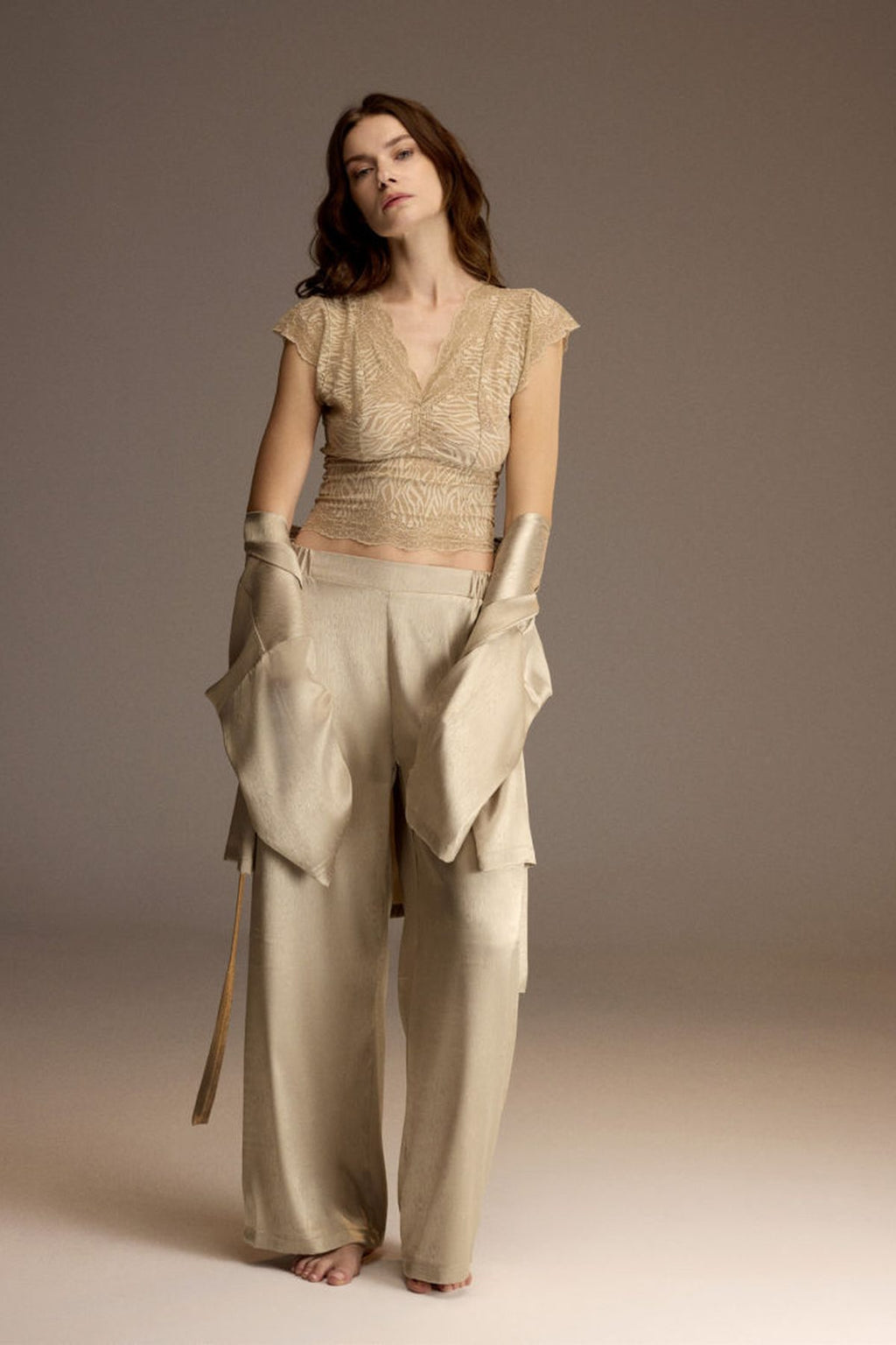 Latte satin three-piece set with robe, cami and wide-leg pants — Belle Bonjour BM-1914-V2