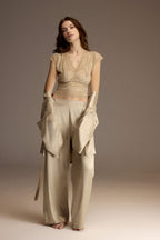 Latte satin three-piece set with robe, cami and wide-leg pants — Belle Bonjour BM-1914-V2