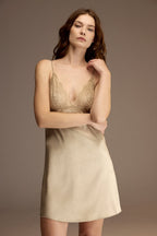 Latte satin slip nightgown with matching robe shown in movement — Belle Bonjour BM-1915-V2