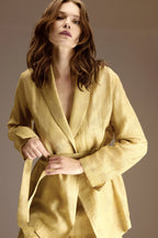 Woman wearing a chartreuse Tencel-linen jacquard robe with self-tie belt, front view — Belle Bonjour BM-1923