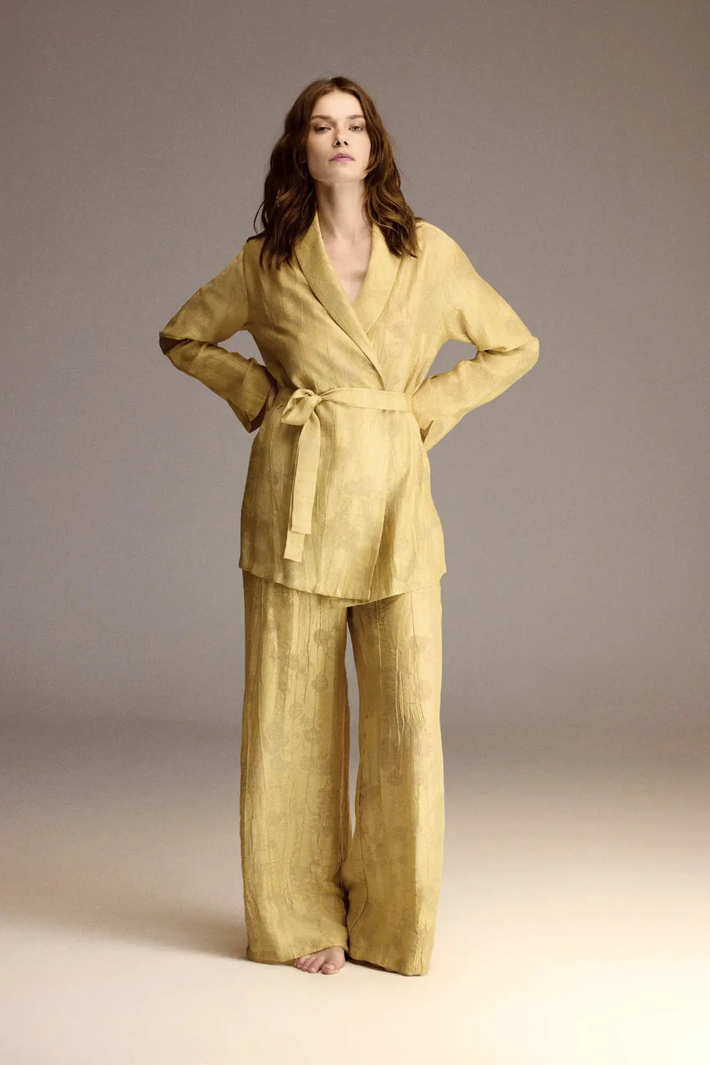 Full-length view of the chartreuse jacquard robe belted over wide-leg trousers — Belle Bonjour BM-1923