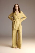 Full-length view of the chartreuse jacquard robe belted over wide-leg trousers — Belle Bonjour BM-1923