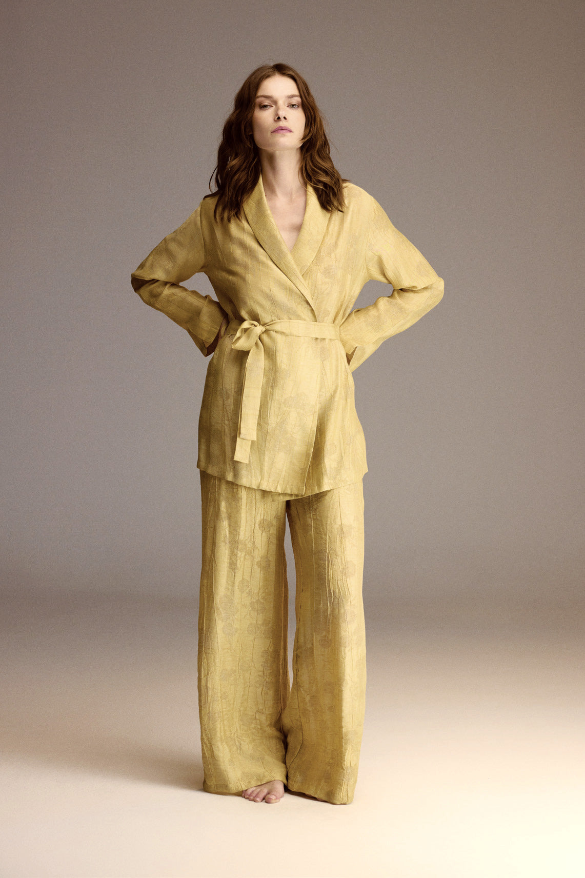 Full-length view of the chartreuse jacquard robe belted over wide-leg trousers — Belle Bonjour BM-1923