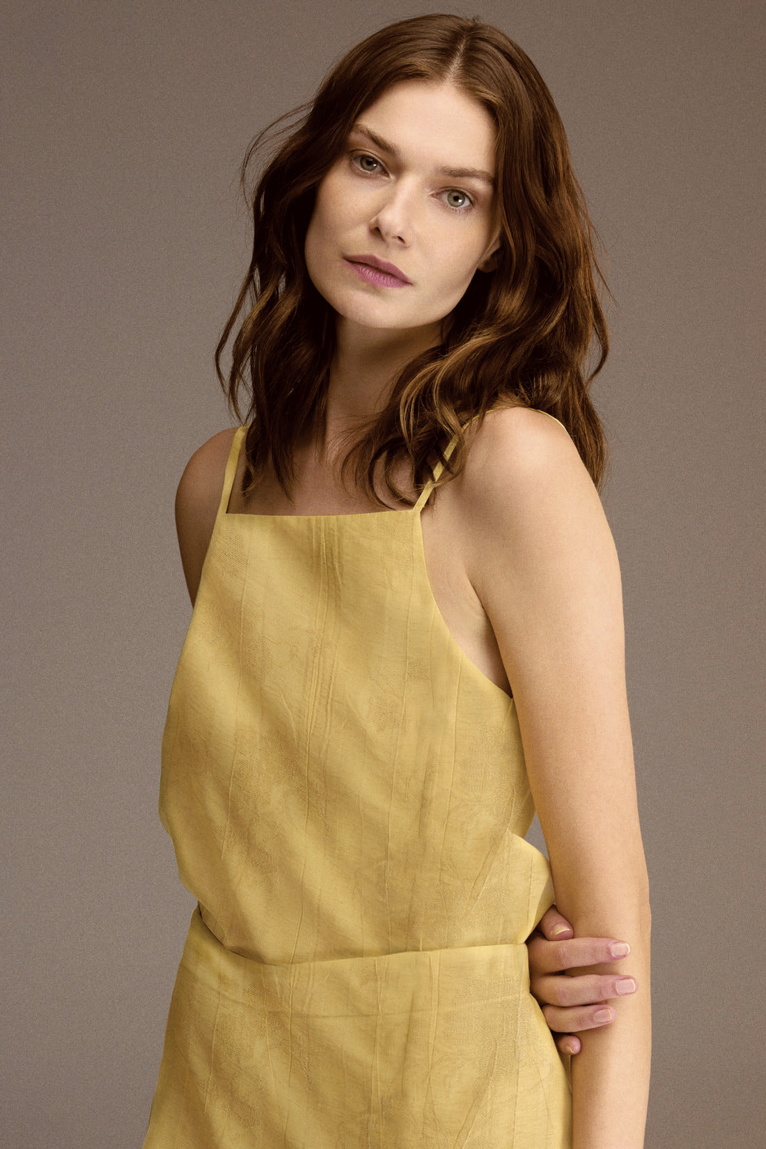 Close view of the chartreuse jacquard strappy top with square neckline — Belle Bonjour BM-1923