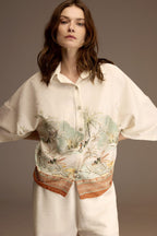 Back view of the ivory jacquard pajama shirt and wide-leg trousers — Belle Bonjour BM-1931