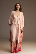 Woman wearing a blush viscose jacquard robe over a matching cami and wide-leg trousers — Belle Bonjour BM-1945