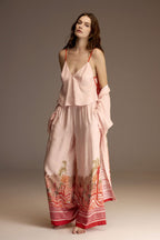 Back view of the blush viscose jacquard set with open-back cami — Belle Bonjour BM-1945