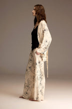 Woman wearing an ivory floral jacquard robe with matching wide-leg trousers — Belle Bonjour BM-1954