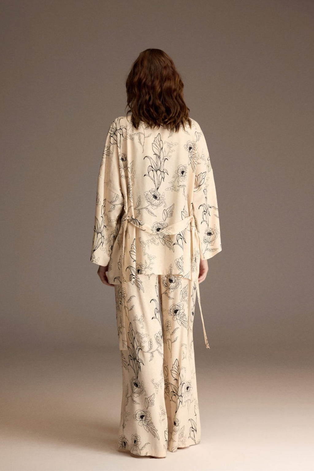 Ivory floral print robe set shown from the front with black cami — Belle Bonjour BM-1954