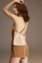 Woman wearing a caramel satin cami and shorts from the six-piece bridal set — Belle Bonjour BM-1959