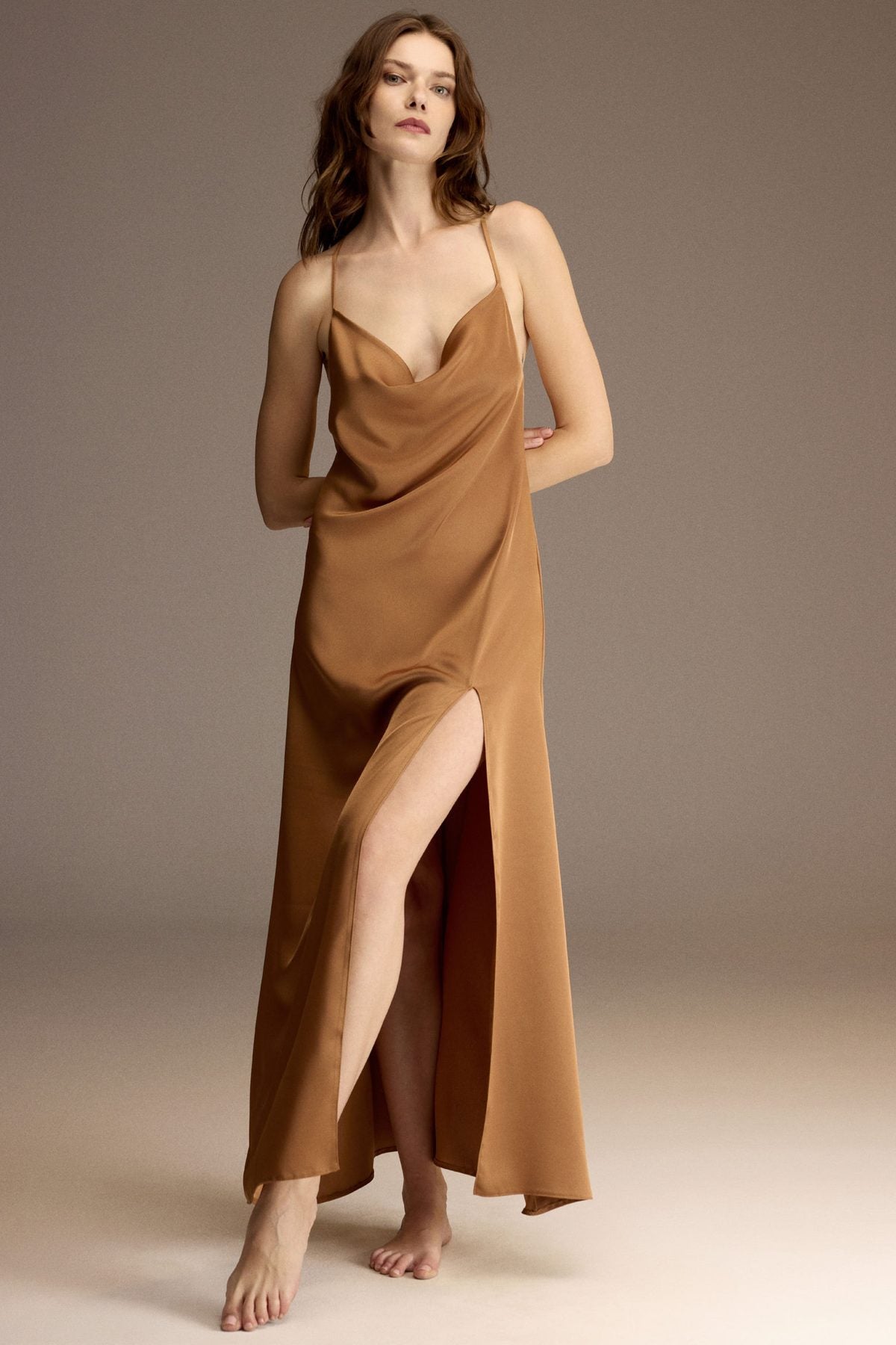 Open-back caramel satin nightgown shown from behind — Belle Bonjour BM-1959
