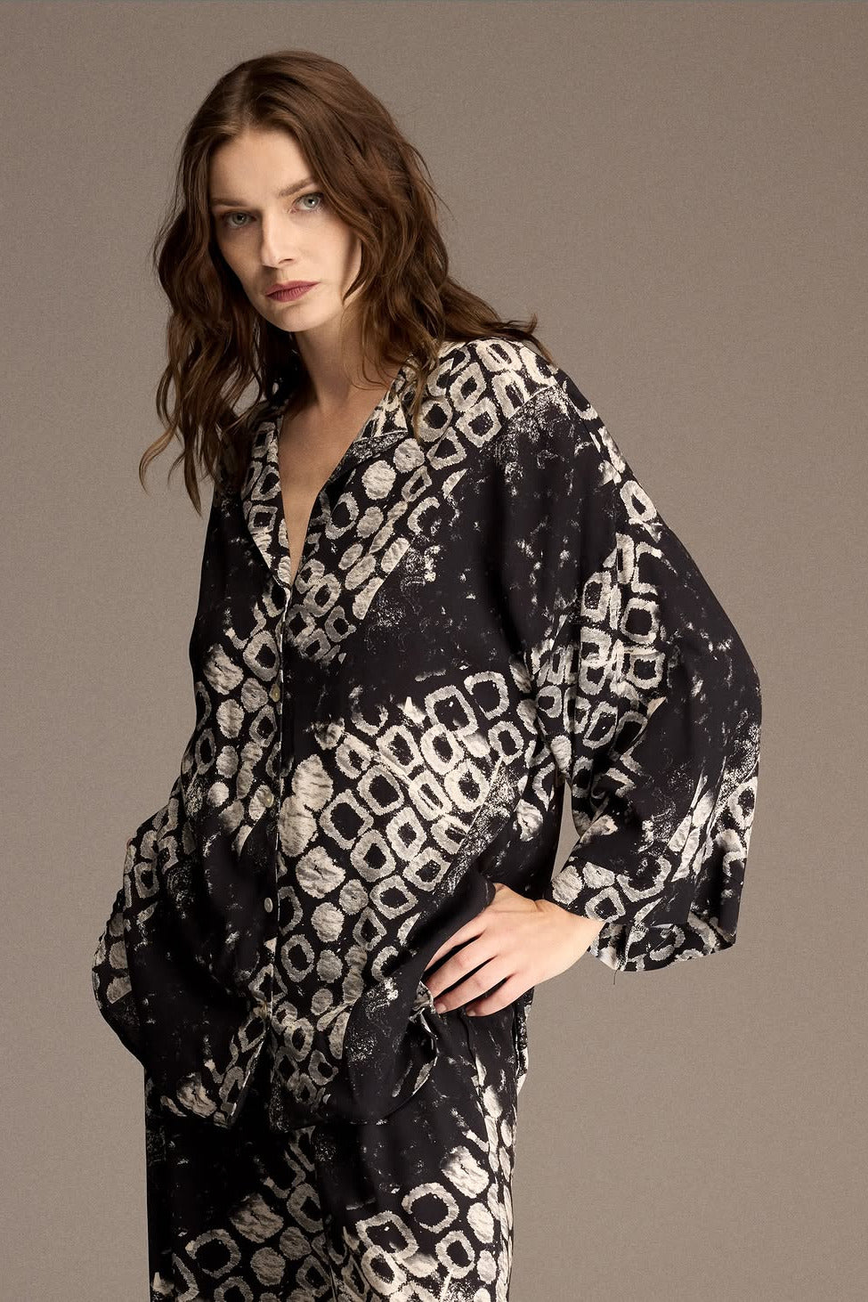 Black and ivory printed viscose shirt shown close up — Belle Bonjour BM-1966