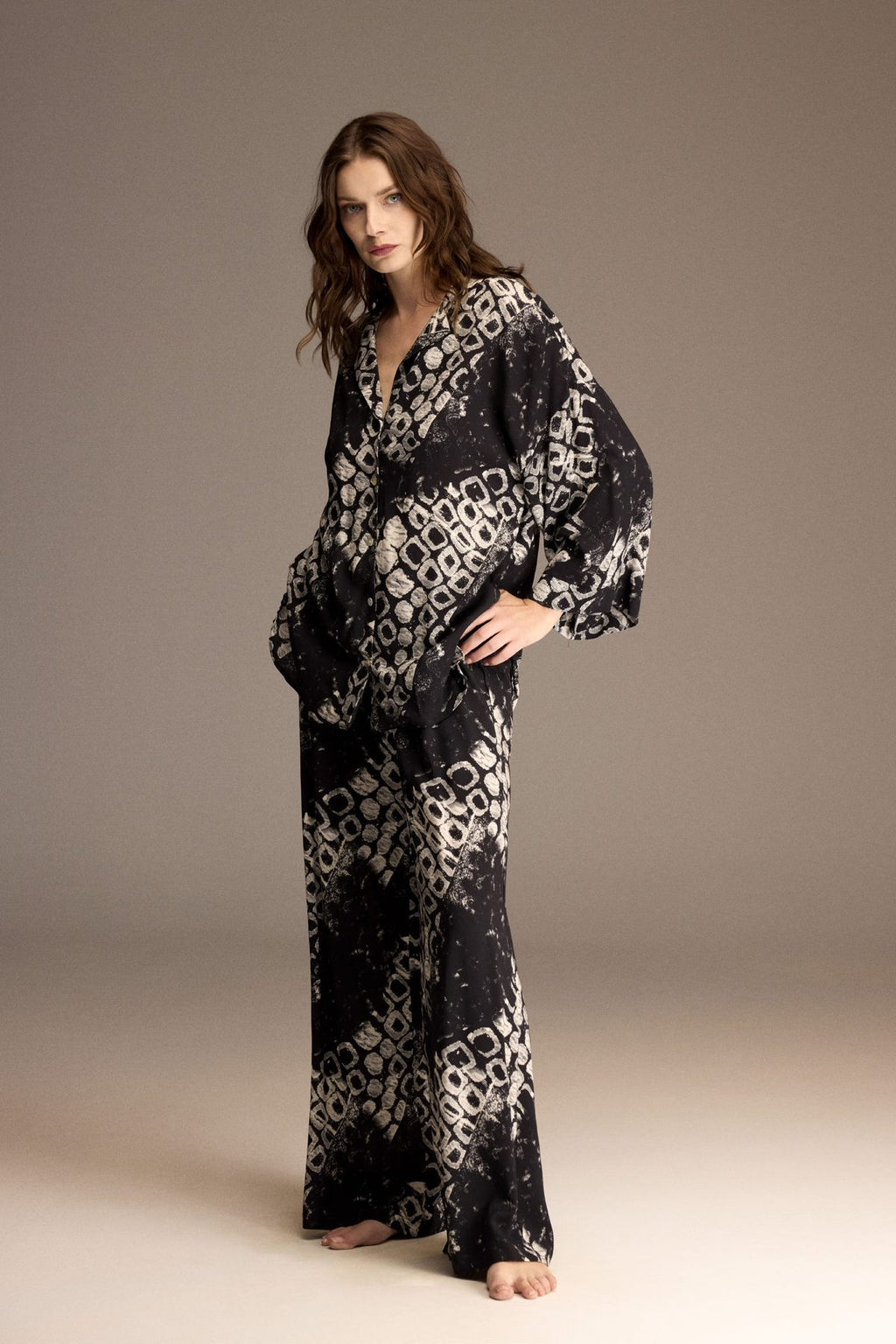 Front view of the black printed viscose pajama set — Belle Bonjour BM-1966