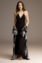Black lace-trim nightgown shown with the printed viscose robe — Belle Bonjour BM-1967