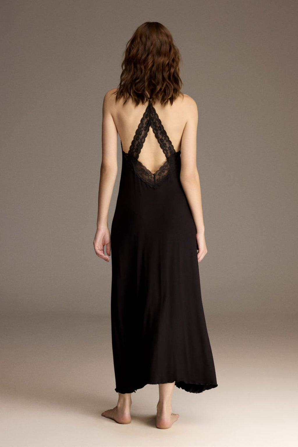 Back view of the black nightgown with lace racerback detail — Belle Bonjour BM-1967