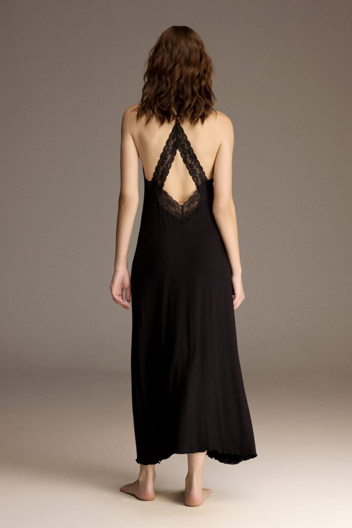 Back view of the black nightgown with lace racerback detail — Belle Bonjour BM-1967