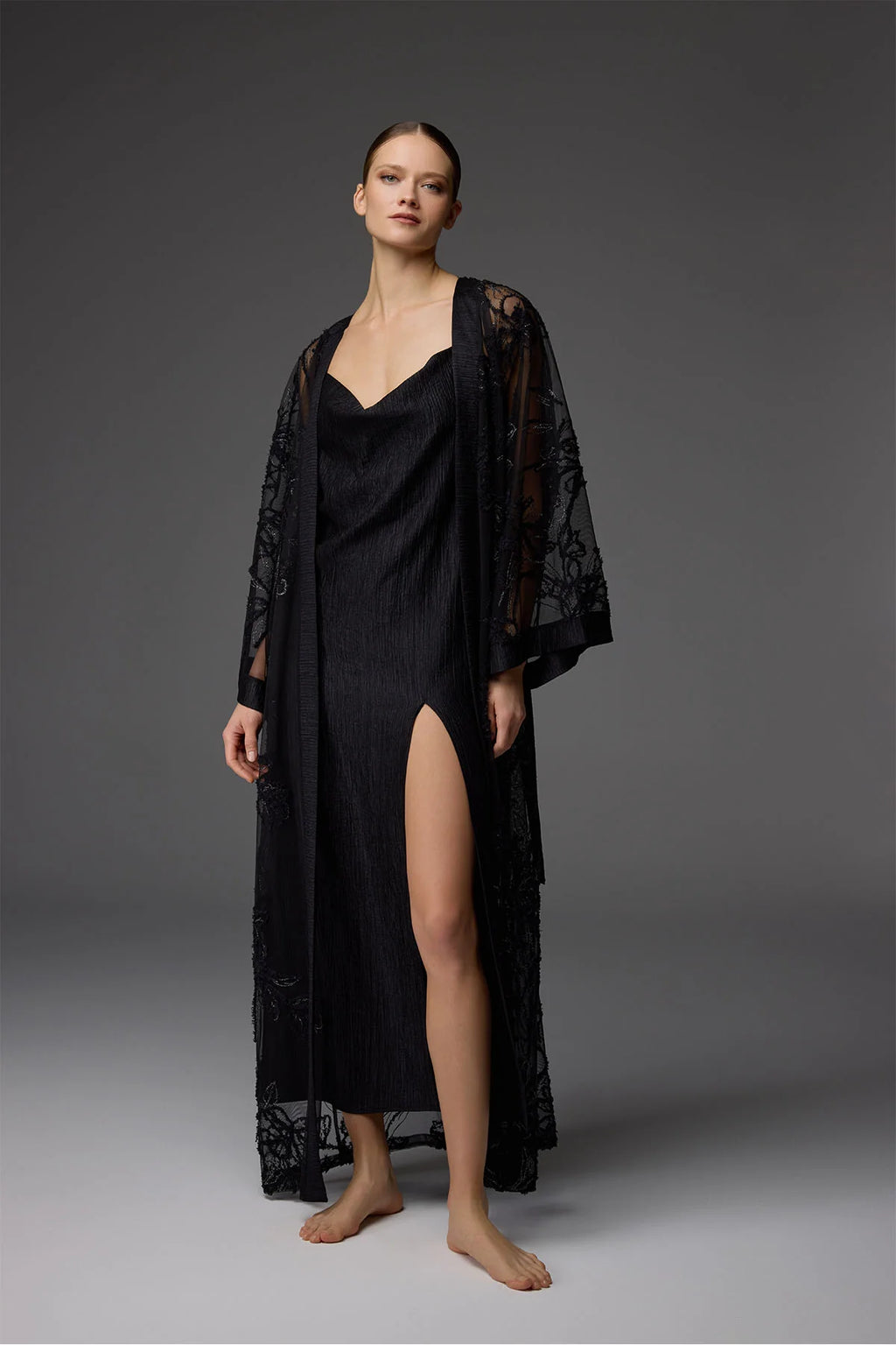 BM-1824 – Lace Robe &amp; Draped-Neck Satin Nightgown Set (2-Piece)