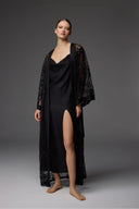 Noir Lace Robe and Satin Nightgown BM-1824 – Luxury Nightwear Detail | Belle Bonjour UAE