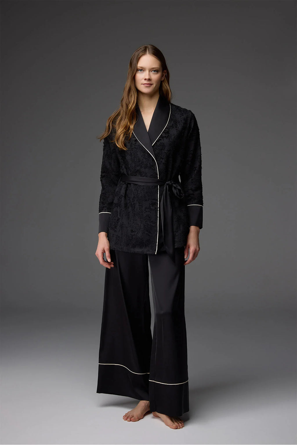 Cotton-Blend Jacquard Robe with Satin Pants – BM-1816