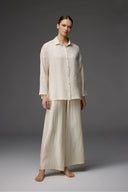 Sand Jacquard Shirt and Wide-Leg Trousers BM-1822 – Luxury Pajama Set | Belle Bonjour UAE