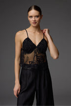 BM-1825 – Lace Dressing Gown, V-Neck Bustier & Wide-Leg Trousers (3-Piece Set)