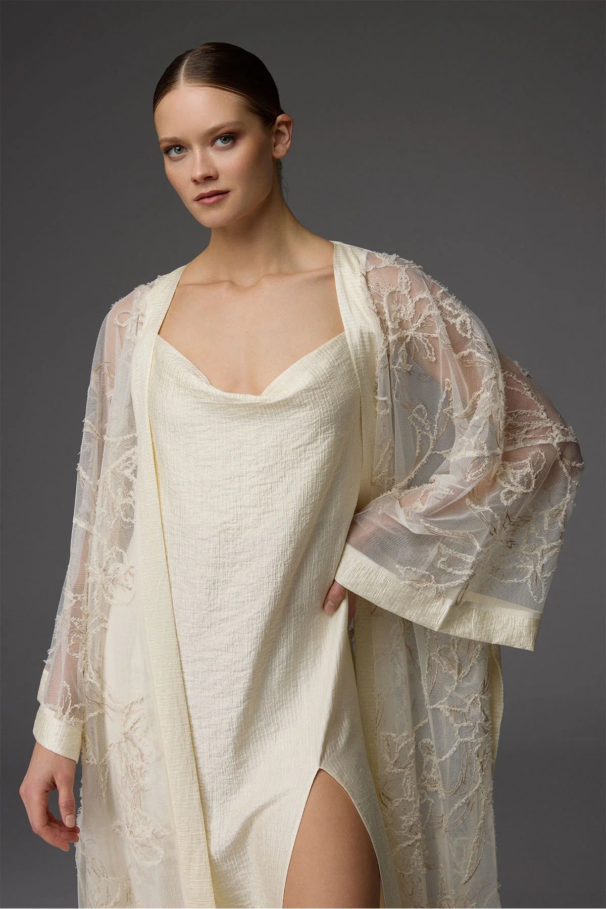 BM-1824 – Lace Robe &amp; Draped-Neck Satin Nightgown Set (2-Piece)