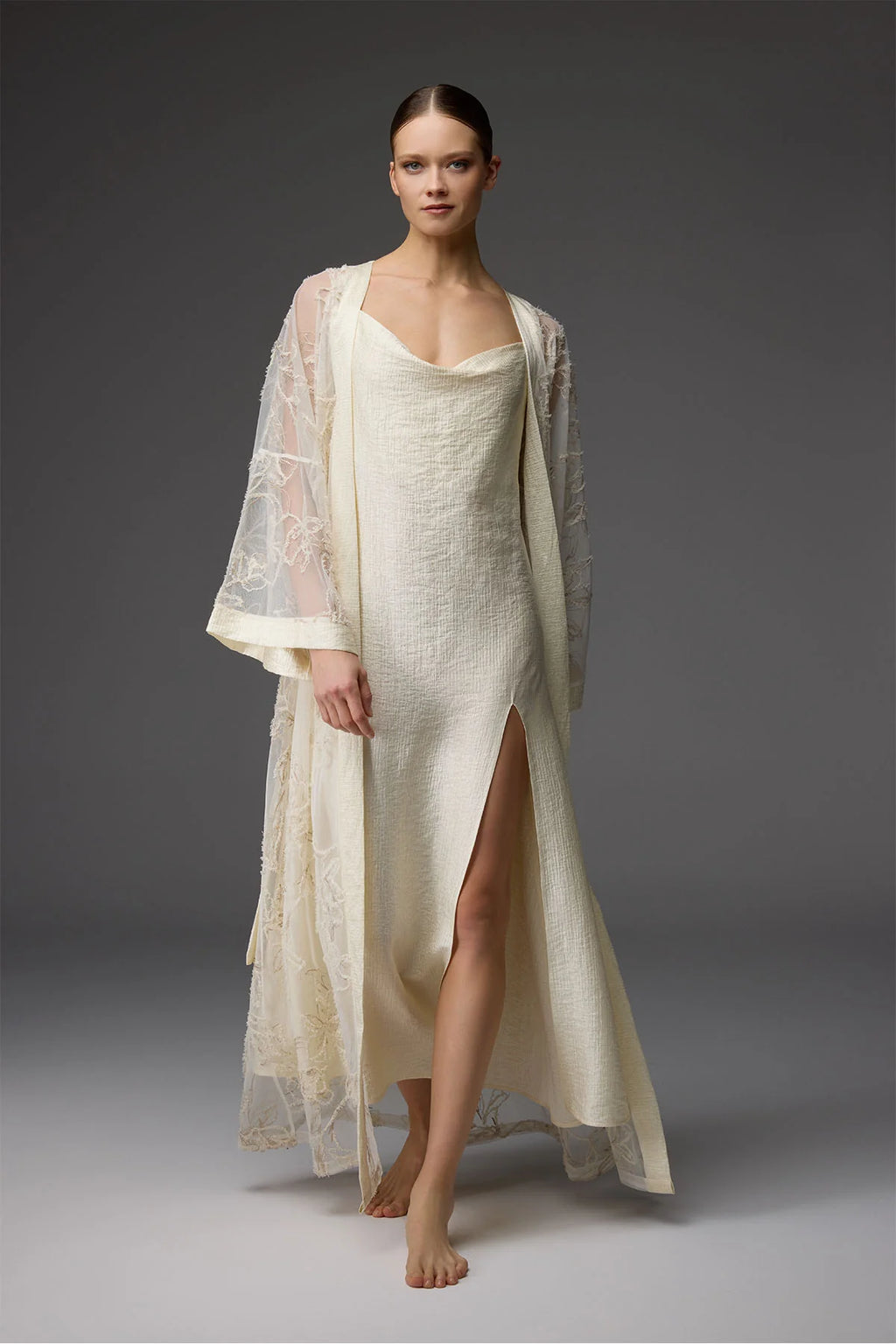 BM-1824 – Lace Robe &amp; Draped-Neck Satin Nightgown Set (2-Piece)