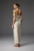 BM-1825 – Lace Dressing Gown, V-Neck Bustier & Wide-Leg Trousers (3-Piece Set)