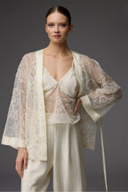 BM-1825 – Lace Dressing Gown, V-Neck Bustier & Wide-Leg Trousers (3-Piece Set)