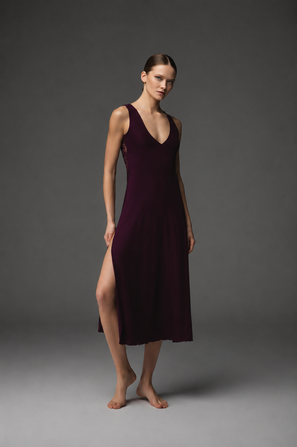 Lace-Back Satin Nightgown BM-1760 · Damson — deep plum lace back | Belle Bonjour UAE