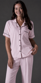 Striped Shirt Pajama Set BM-1761 · Pink — full length front view | Belle Bonjour UAE