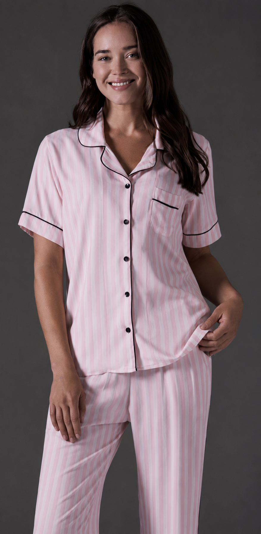 Striped Shirt Pajama Set BM-1761 · Pink — full length front view | Belle Bonjour UAE