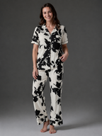 Abstract Print Satin Pajama Set BM-1762 — V-neck collar front view | Belle Bonjour UAE