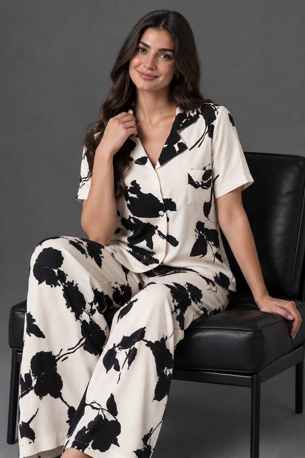 Abstract Print Pajama Set BM-1762 · Ivory & Black — seated view, short-sleeve notch-collar shirt | Belle Bonjour UAE