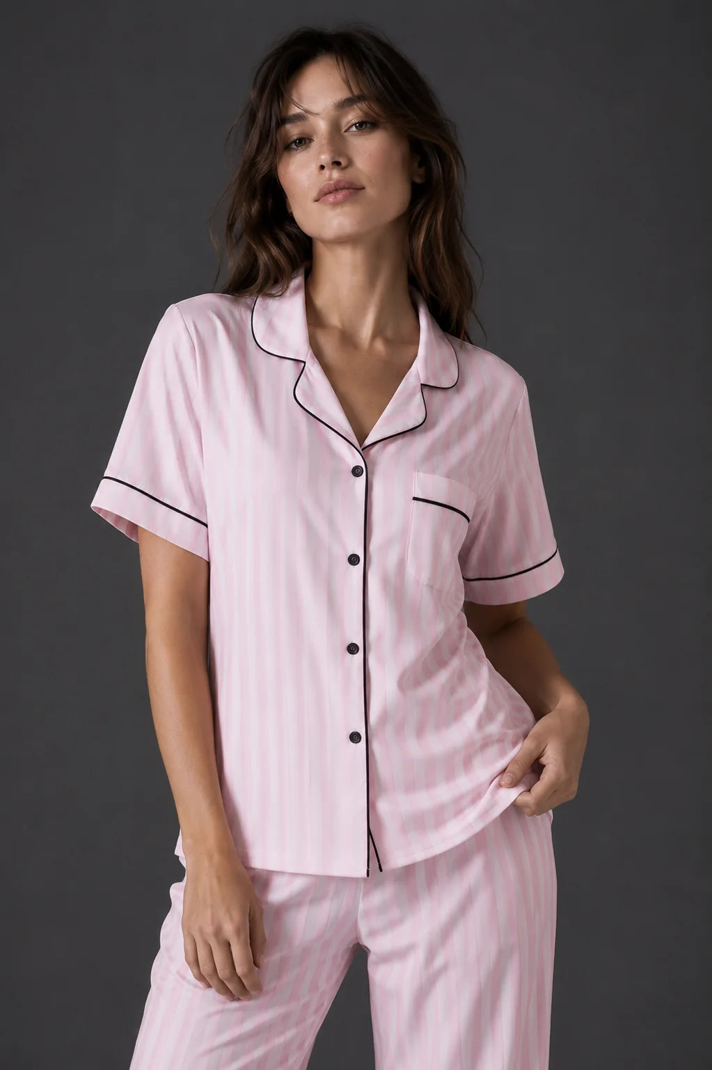 Striped Shirt Pajama Set BM-1761 · Pink — detail shot | Belle Bonjour UAE