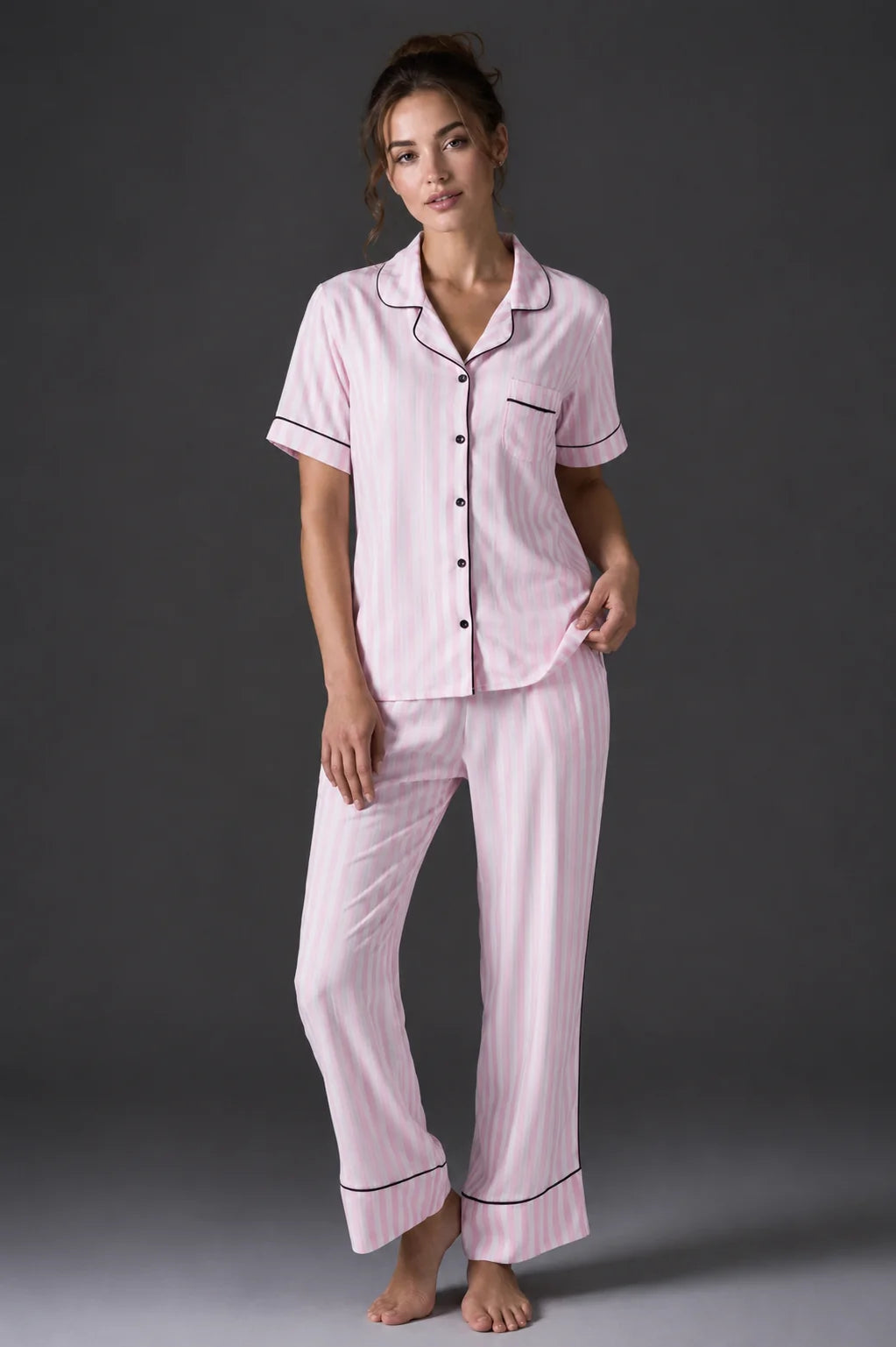 Striped Shirt Pajama Set BM-1761 · Pink — detail shot | Belle Bonjour UAE