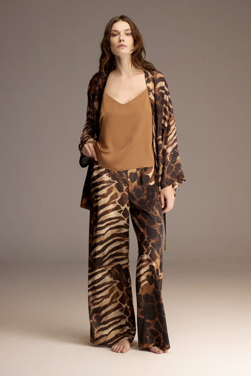 BM-1907 – Animal Print Satin Robe, Cami and Pants Set (3-Piece)